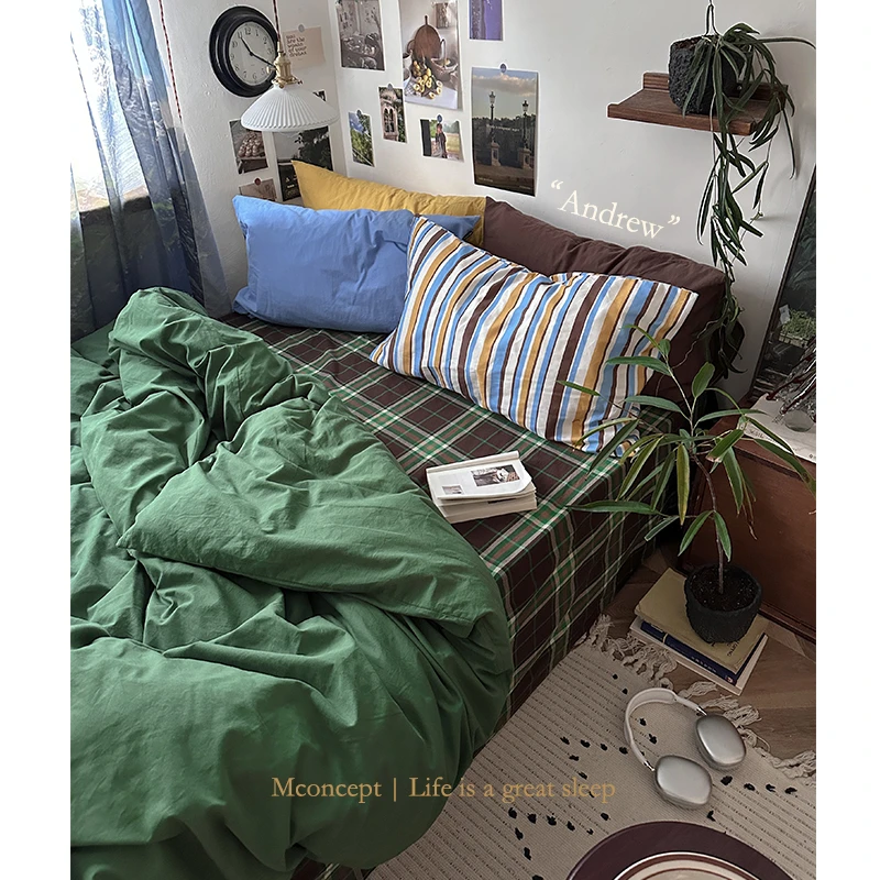 月光集【安德鲁】秋冬四件套纯棉水洗棉色织复古条格床单被套四件套