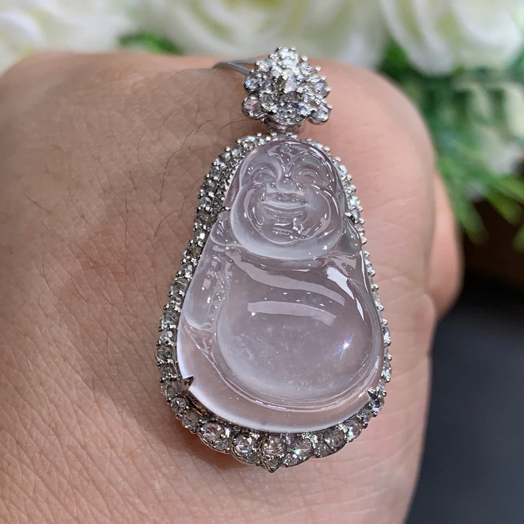 尺寸35.7×18.6×9.9缅甸天然翡翠A货18k金高冰胶白月光布袋佛吊坠