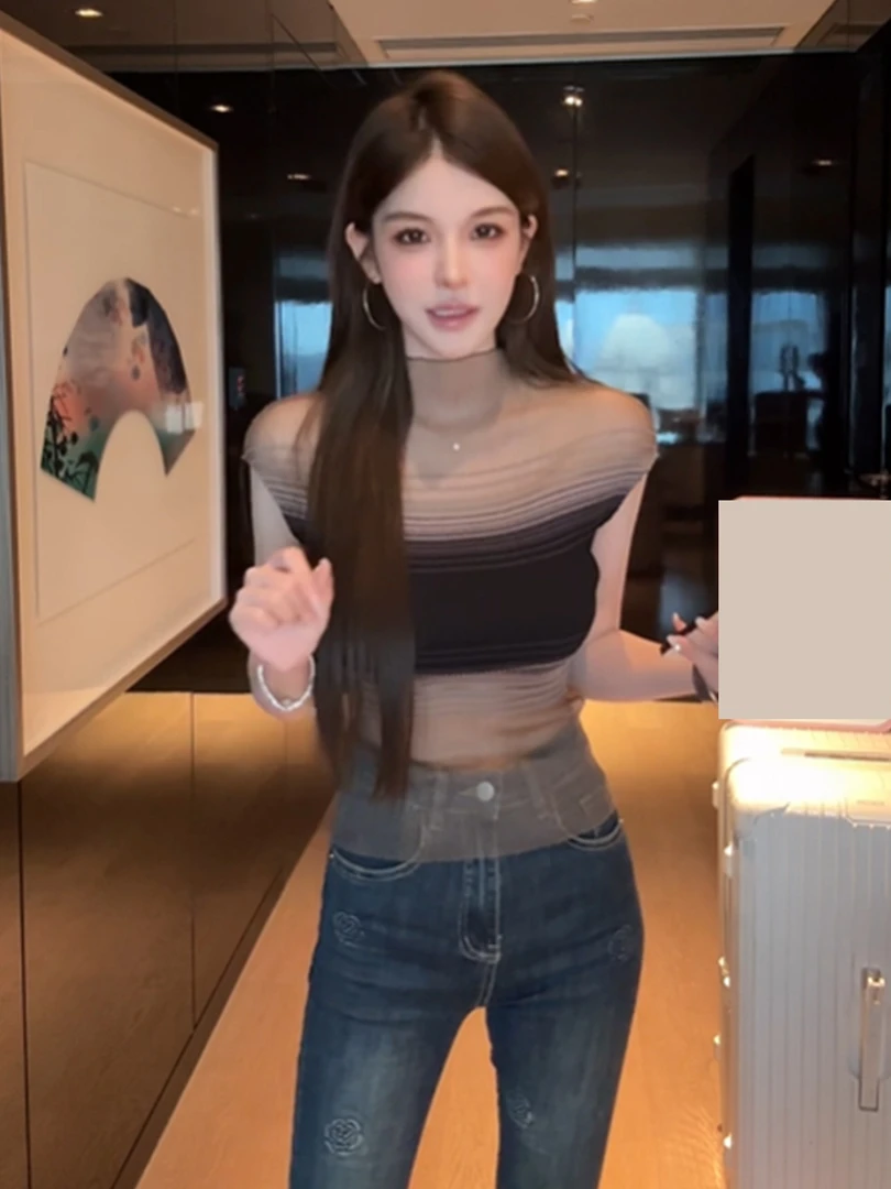 性感辣妹气质网纱针织短袖T恤女装2025夏季新款微透御姐修身上衣