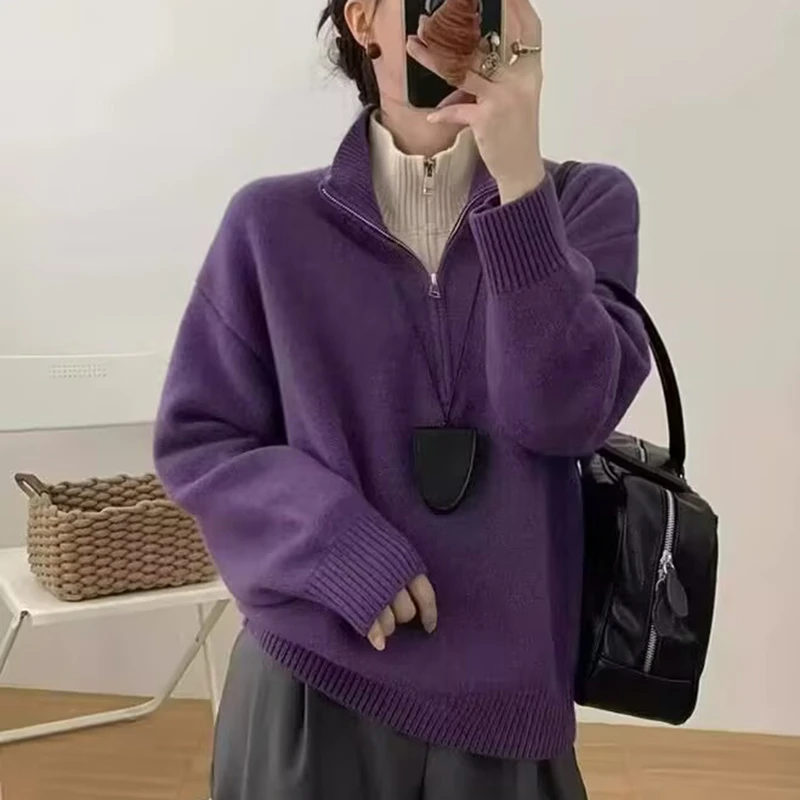 8712春季新款长袖韩版2025宽松休闲时尚立领拼色毛衣女