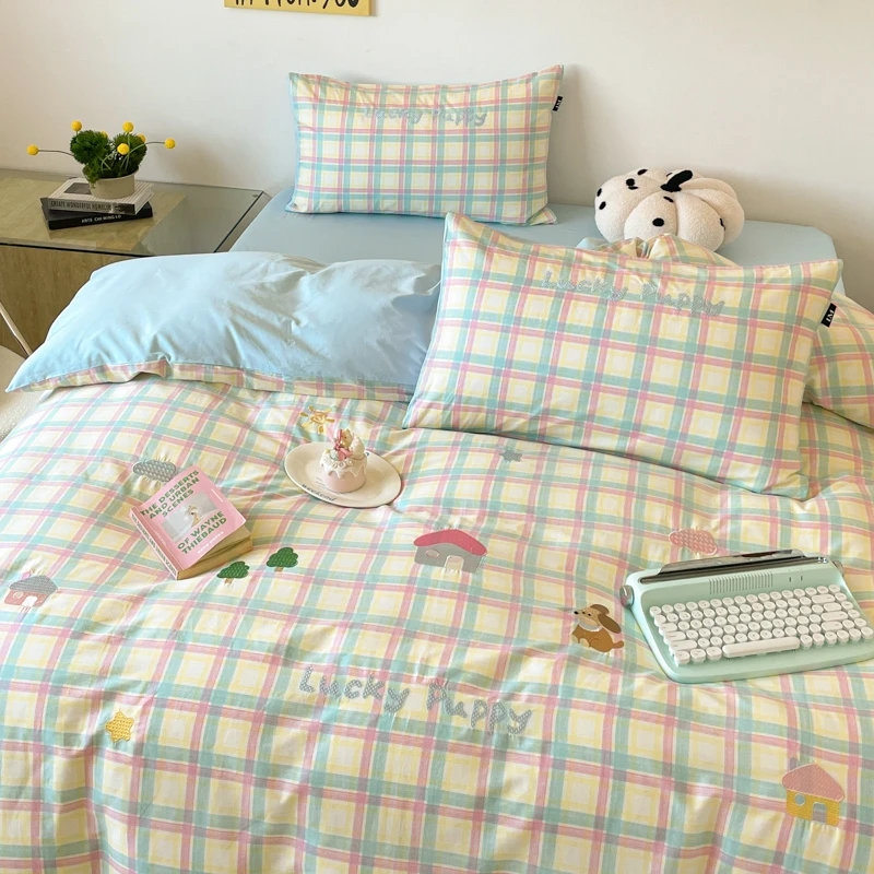 卡通小屋腊肠狗刺绣床上四件套纯棉100%全棉被套床单床笠四季通用