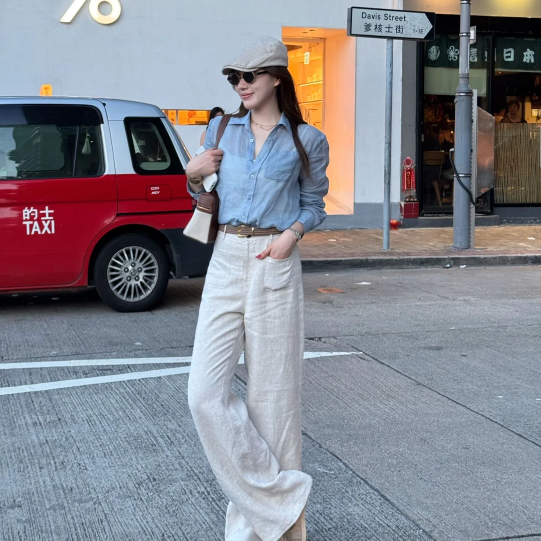 小敏「静谧蓝」天然定染1oo苎麻轻薄经典刺绣长袖衬衫S25C1136