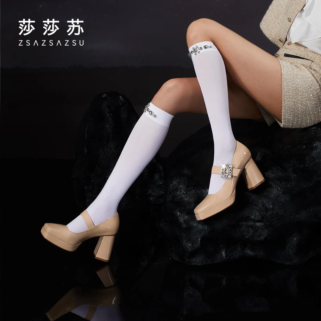 【方糖钻】莎莎苏秋冬季新款水晶粗跟一脚蹬高跟鞋女玛丽珍单鞋