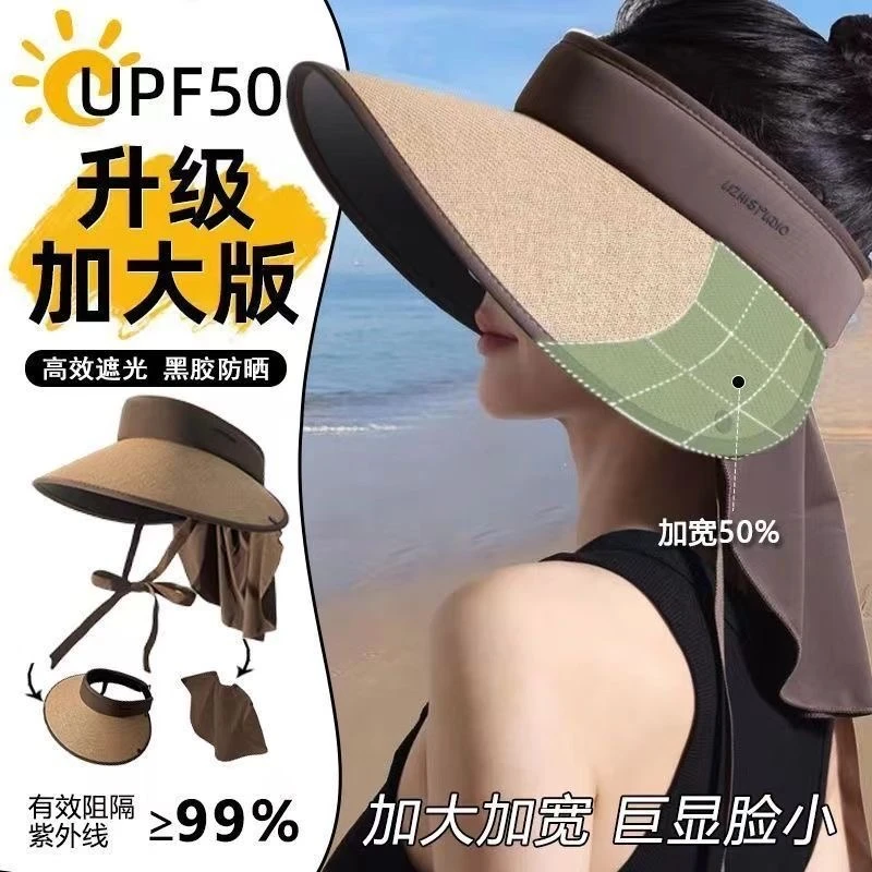 大帽檐防晒帽遮颈一体遮脸女款夏季防紫外线骑车草编空顶太阳帽子