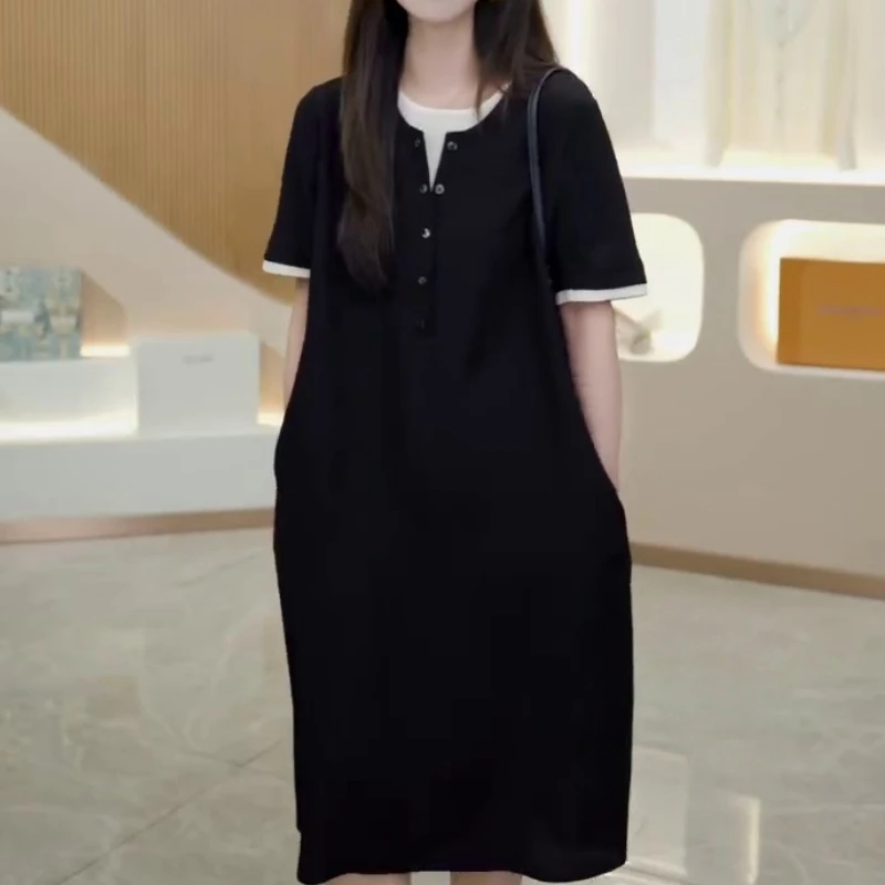 2025夏季新款圆领假两件连衣裙宽松显瘦通勤风设计感中长款休闲裙