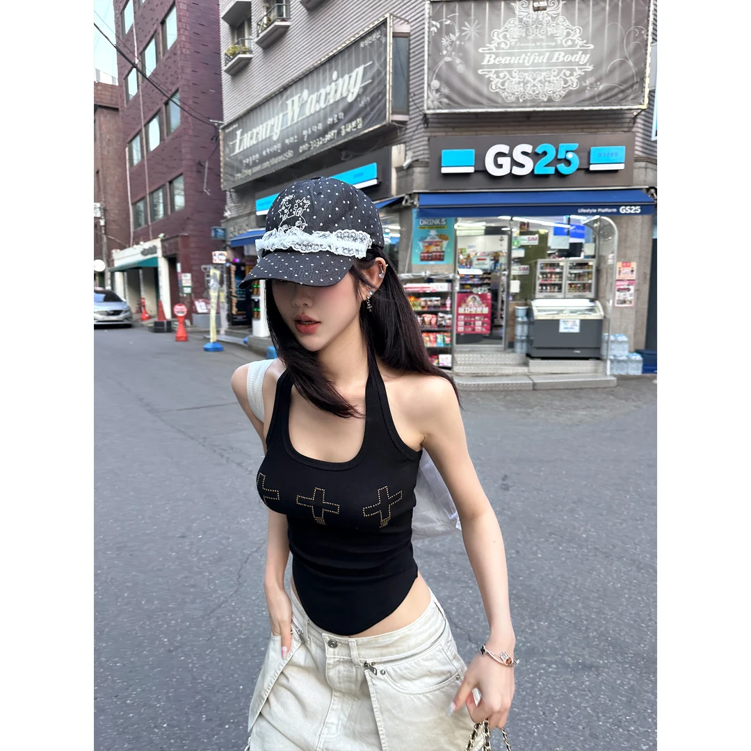 黑有染 Miekevv 暗夜十字 黑色挂脖T恤夏修身显瘦百搭无袖U领上衣