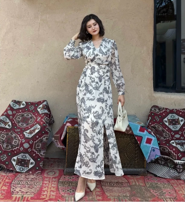 夏季雪纺腰果花收腰显瘦长裙长袖气质