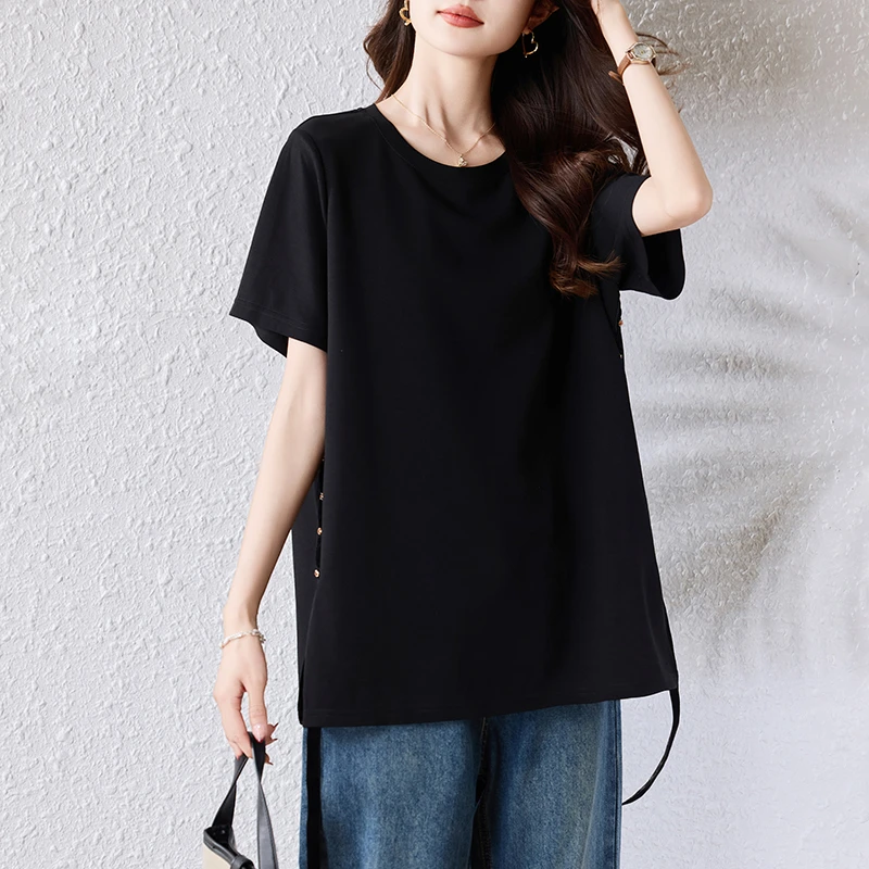 【女神新衣】2025夏款中长款大码宽松显瘦黑色T恤短袖女上衣