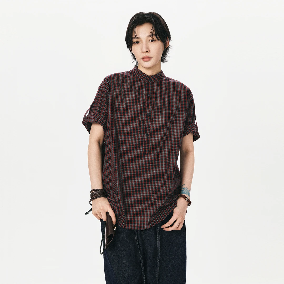 SAMEUOO散养文化"周日格"短袖衬衫红格纹时尚休闲夏季复古格衬衣
