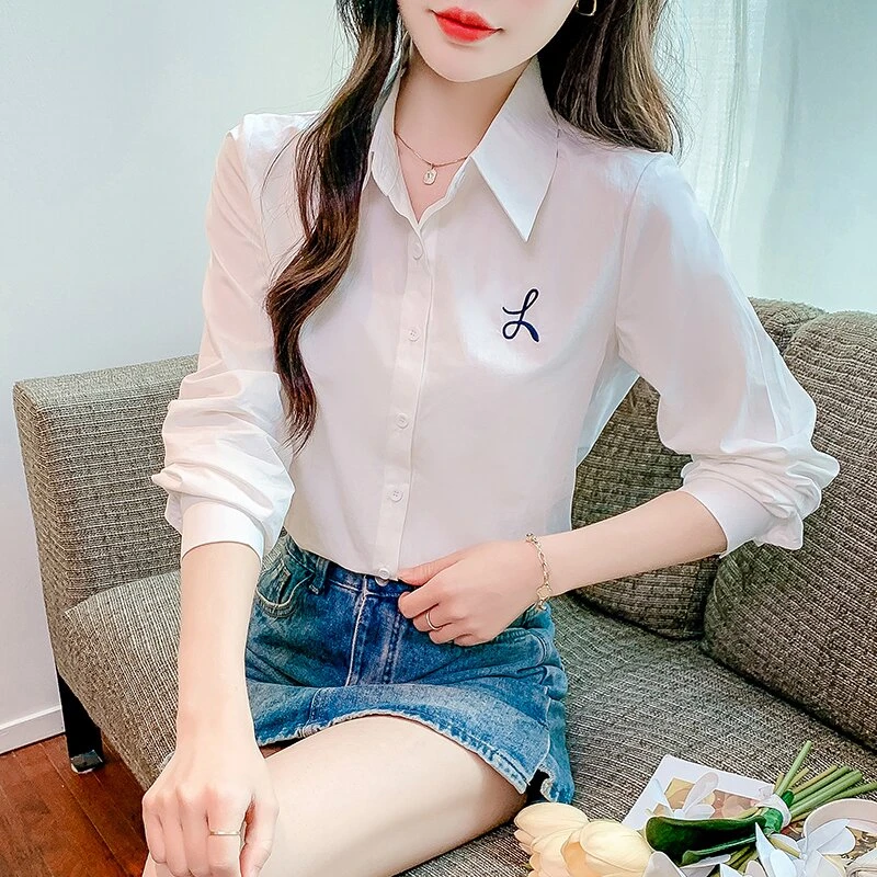 YX5912#长袖衬衫女宽松2025春新款设计感韩版百搭纯棉衬衣