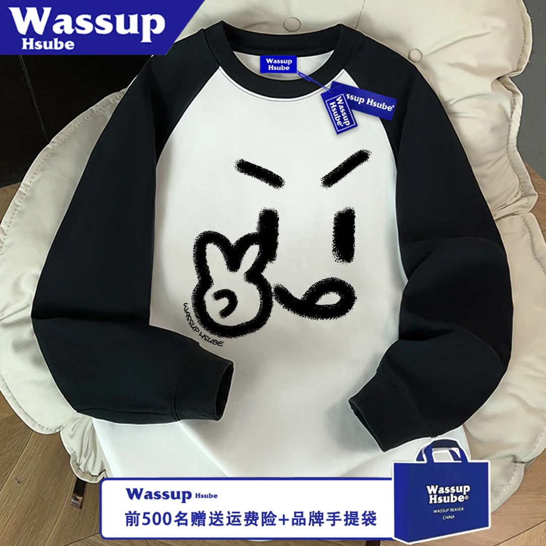 WASSUP HSUBE潮流美式圆领长袖休闲百搭宽松表情印花秋冬情侣上衣