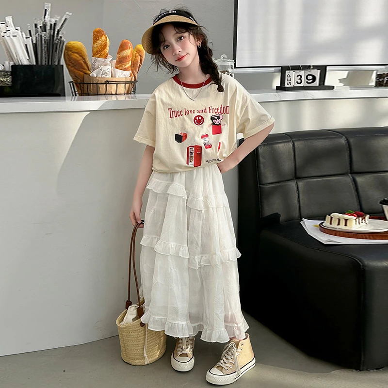 女童夏季款甜酷套装2025新款中大童短袖T恤半身裙两件套蛋糕裙子