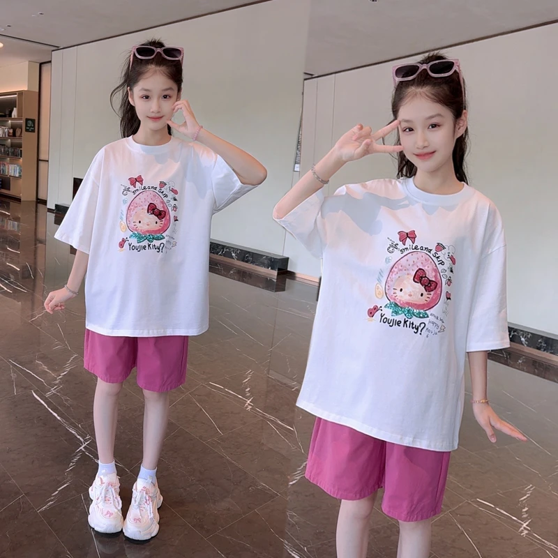 女童夏装套装2025新款洋气短袖t恤女孩休闲女大童短裤夏季两件套