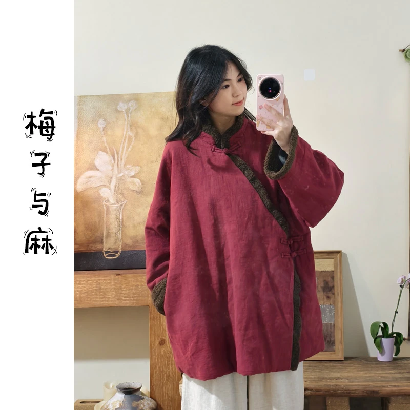 【大梅子推荐】设计款亚麻斜盘扣棉服JG5218A（衣长80胸围130）