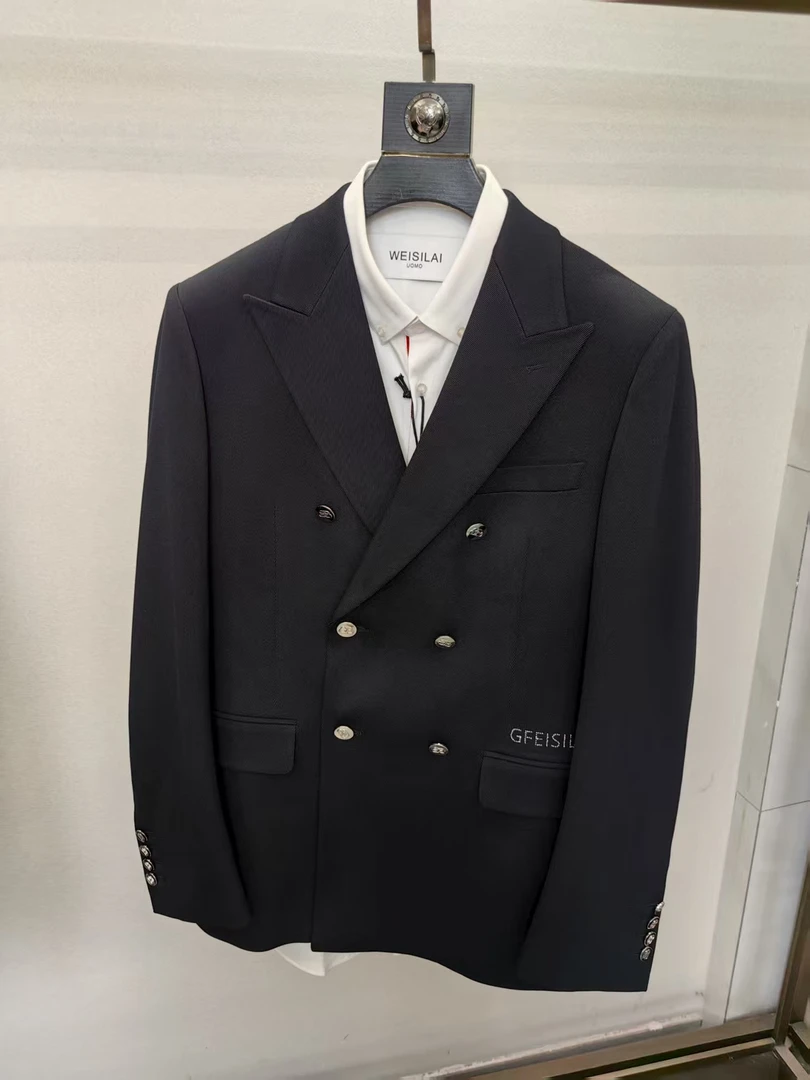 25春季男士轻奢欧货藏青兰双排扣西装0808F