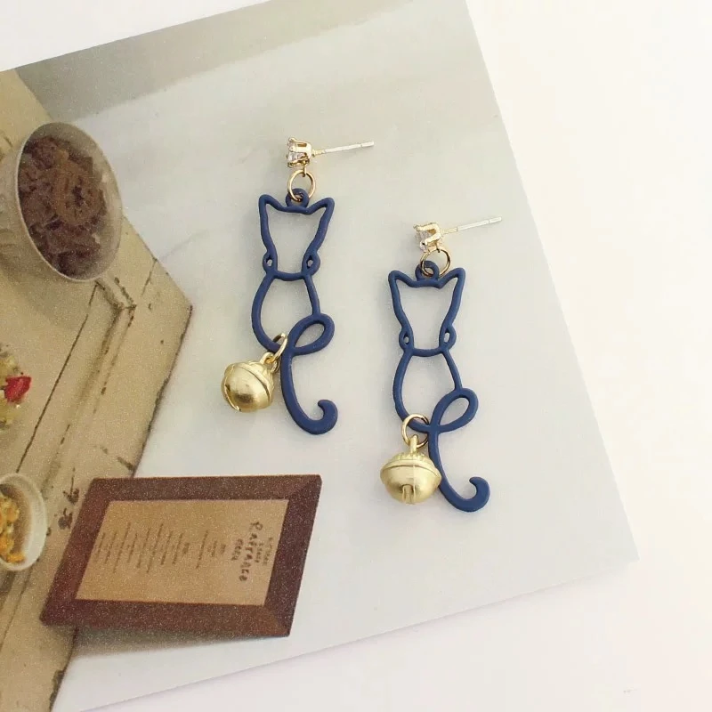 925银耳饰 【温柔猫铃】蓝色猫咪铃铛小众耳环2024年新款高级感