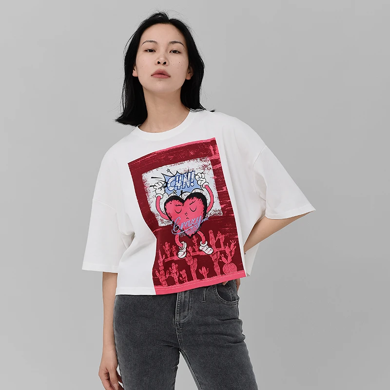 C4N我为新品狂 女夏白色棉质宽松短款廓型印花短袖T恤Heloise