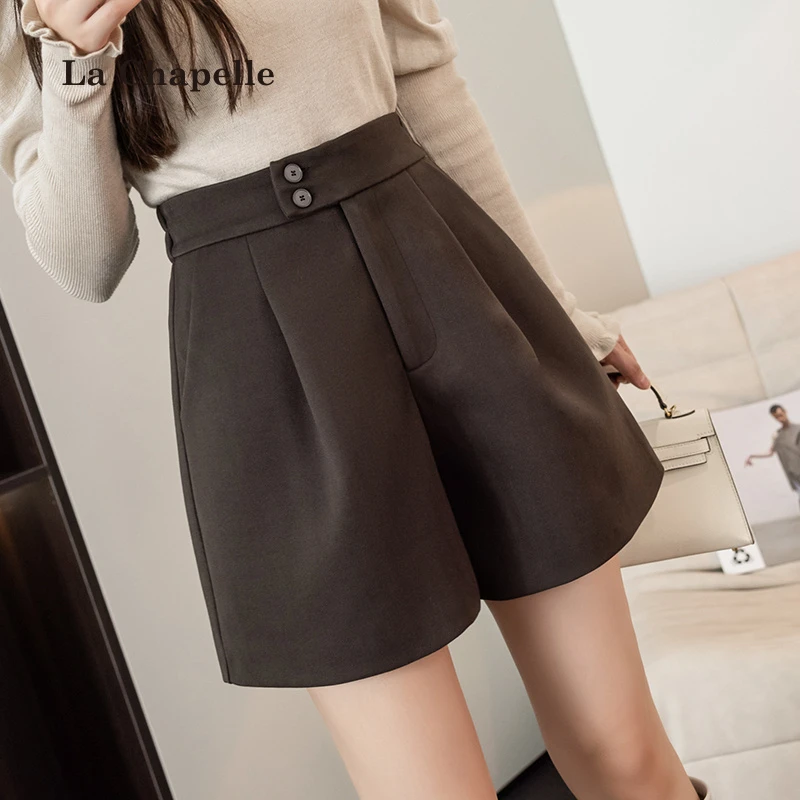 拉夏贝尔韩版靴裤女秋冬百搭毛呢高腰阔腿休闲裤A字纽扣显瘦短裤