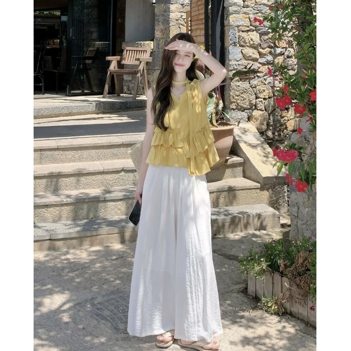 不规则荷叶边甜美无袖衬衫阔腿休闲长裤女2025夏季新款时尚套装潮