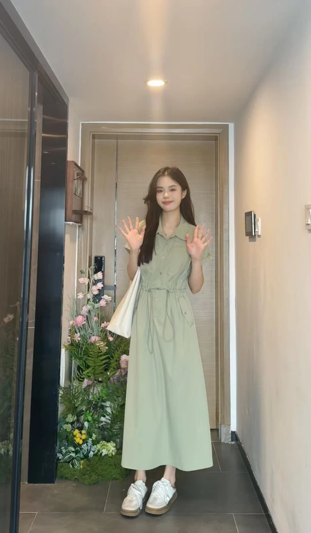 AN.XIN【春风十里】显瘦抽绳连衣裙气质收腰工装长裙2526