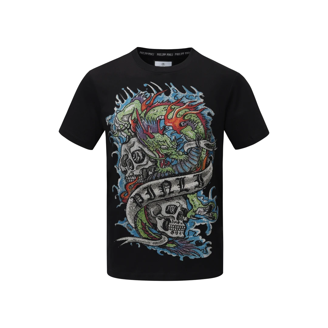 PHILIPP PINLI3D轻奢重工烫钻骷髅圆领半袖修身液氨匹马棉男士T恤