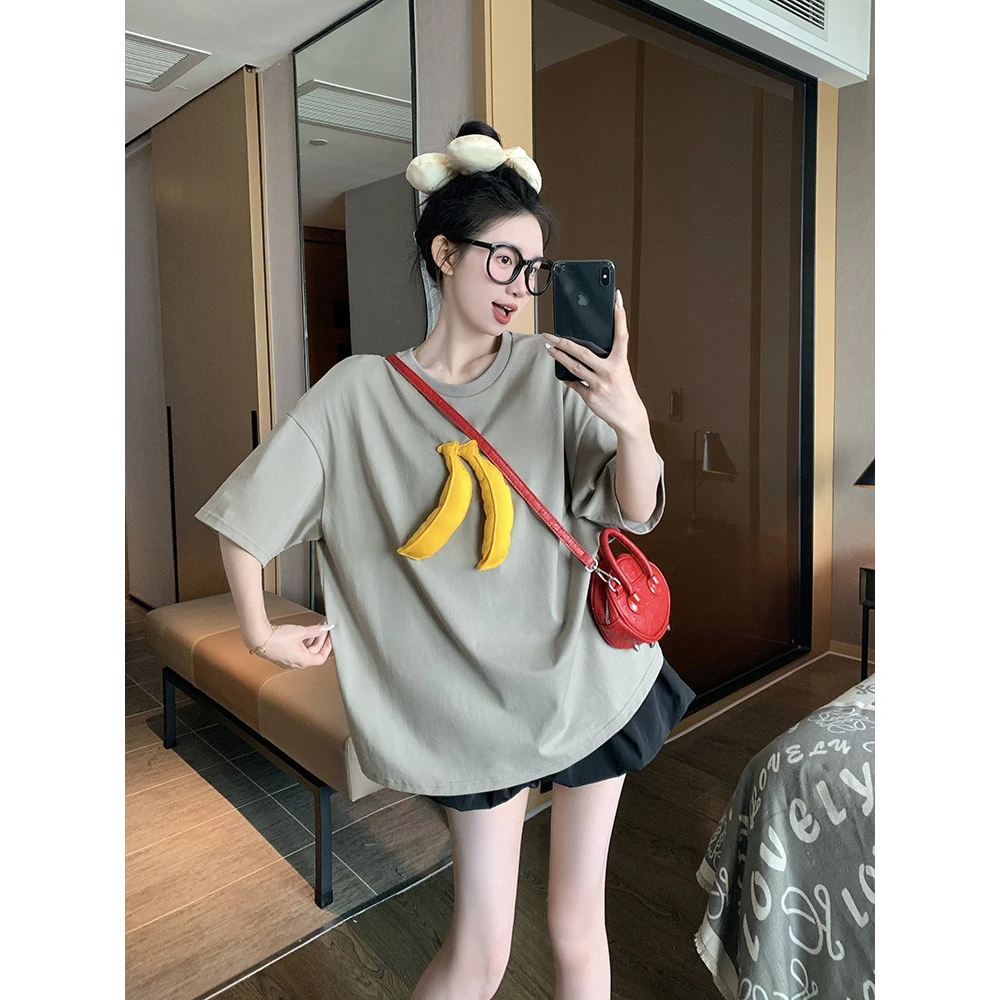 灰色短袖T恤女夏季新款韩系设计感立体香蕉宽松显瘦休闲百搭上衣