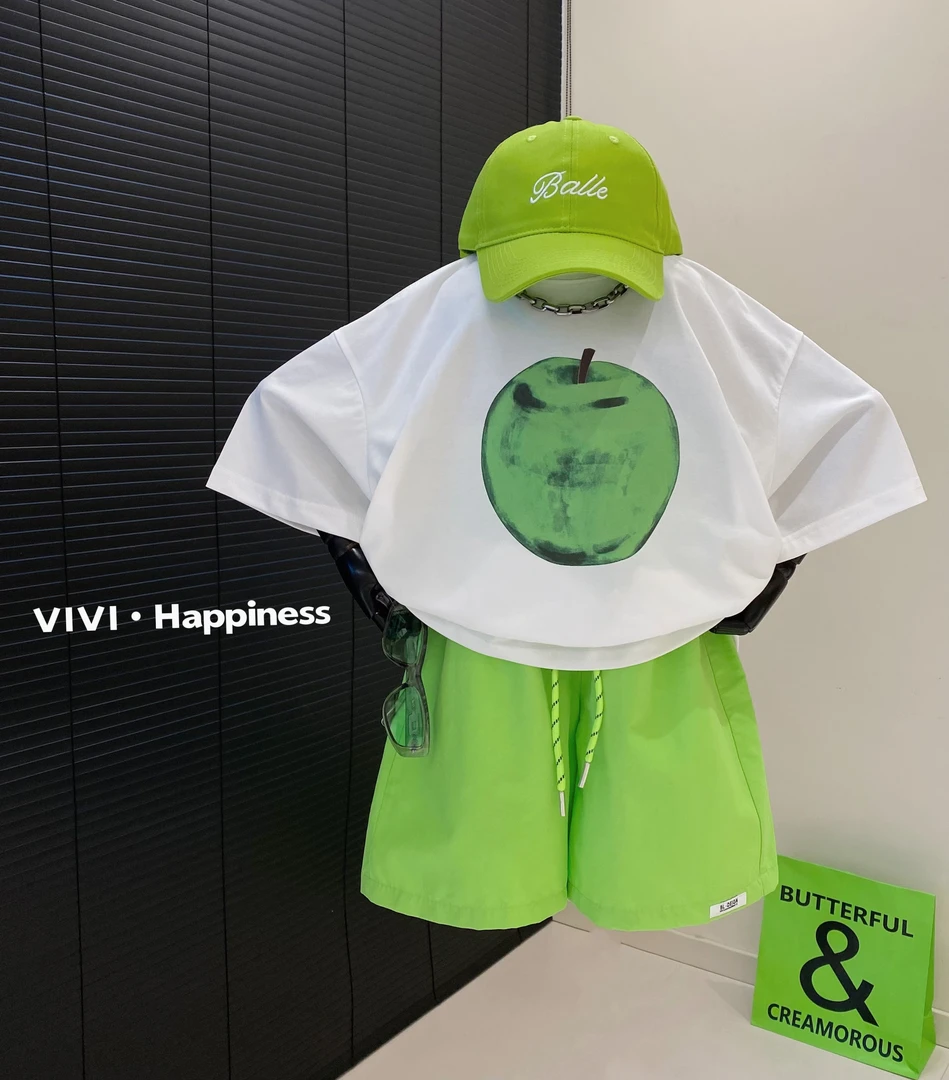 VIVI童装 2025夏季潮牌中大童清凉薄款宽松涂鸦青苹果短裤T恤
