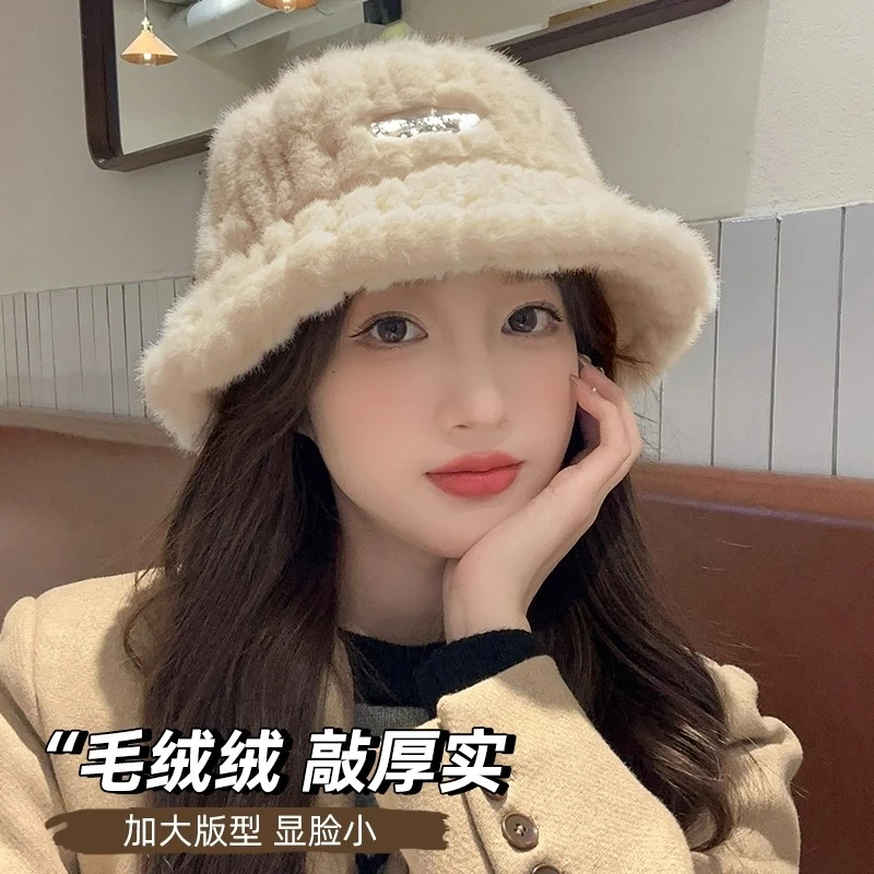 秋冬渔夫帽女加绒加厚保暖毛绒帽子东北旅游护耳大头围水桶帽盆帽