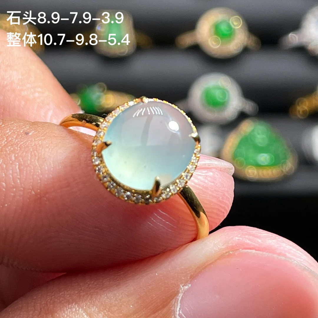 18K金天然翡翠A货-89底色蛋面戒指K黄高冰镶嵌钻石珠宝玉石女士