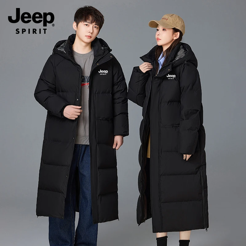 JEEPS PIRIT吉普保暖冬季长款白鸭绒连帽大码男女过漆长款外套潮