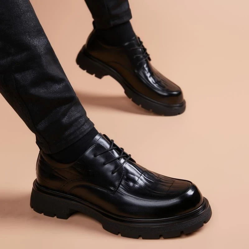 高档皮鞋男头层牛皮黑色正装内增高潮流厚底英伦风真皮休闲男鞋子