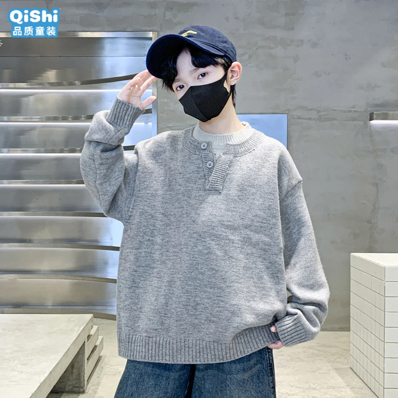 男童个性时髦双领子毛衣2025新款冬季上衣中大童宽松痞帅针织衫潮