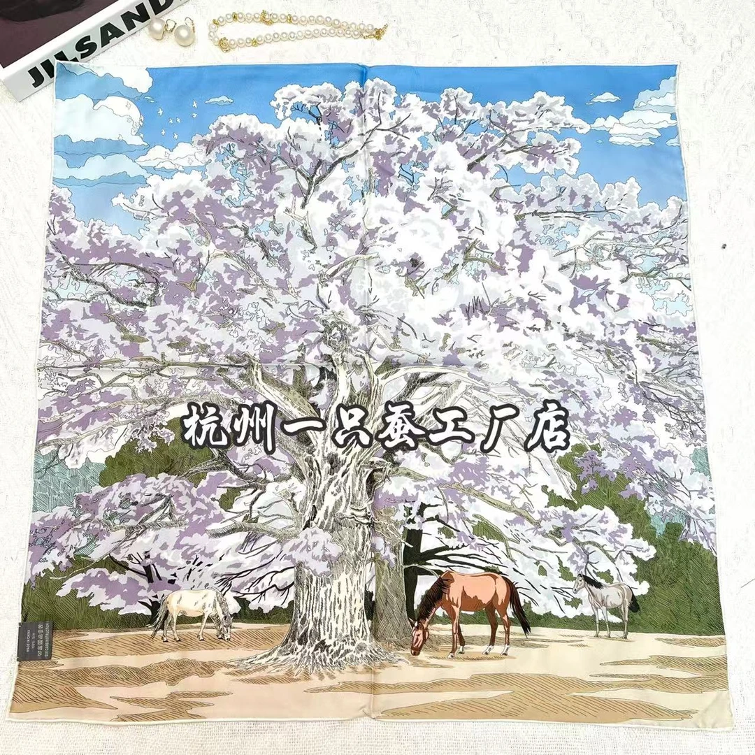 【樱花树下】65cm100%桑蚕丝16姆米斜纹绸丝巾中方巾围巾