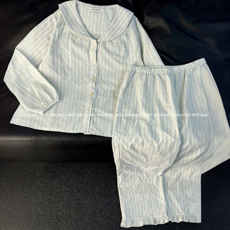 侘町蕾丝条纹纯棉睡衣少女风家居服简约套装休闲可外穿