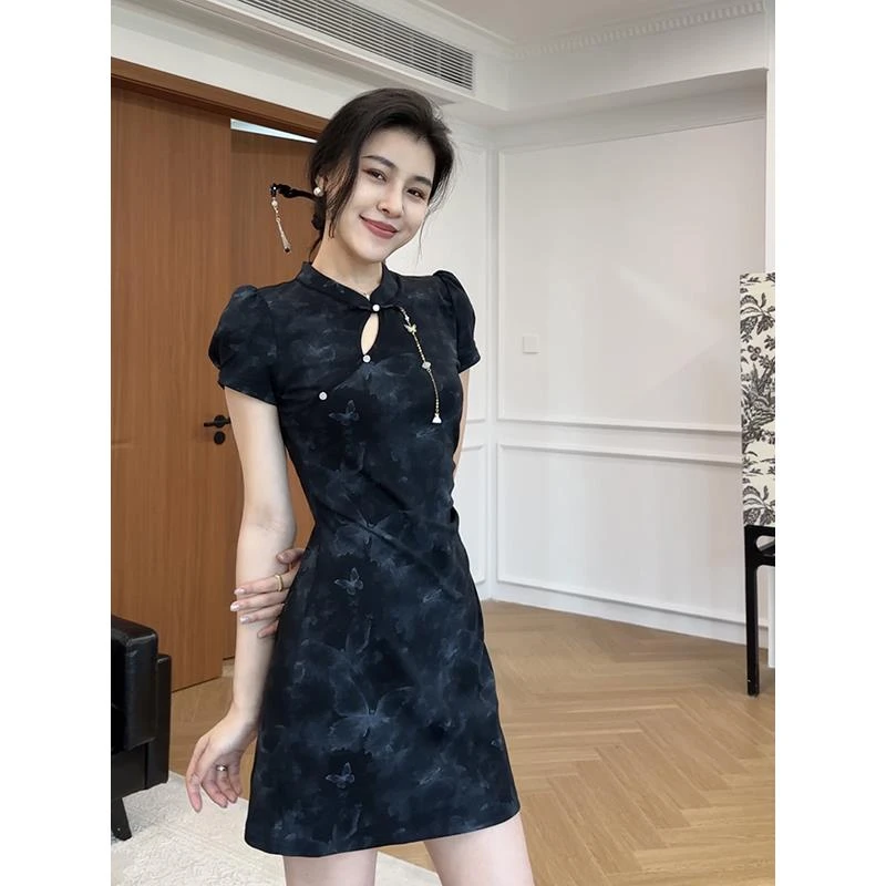 新中式国风黑色连衣裙女夏季修身显瘦改良旗袍裙子