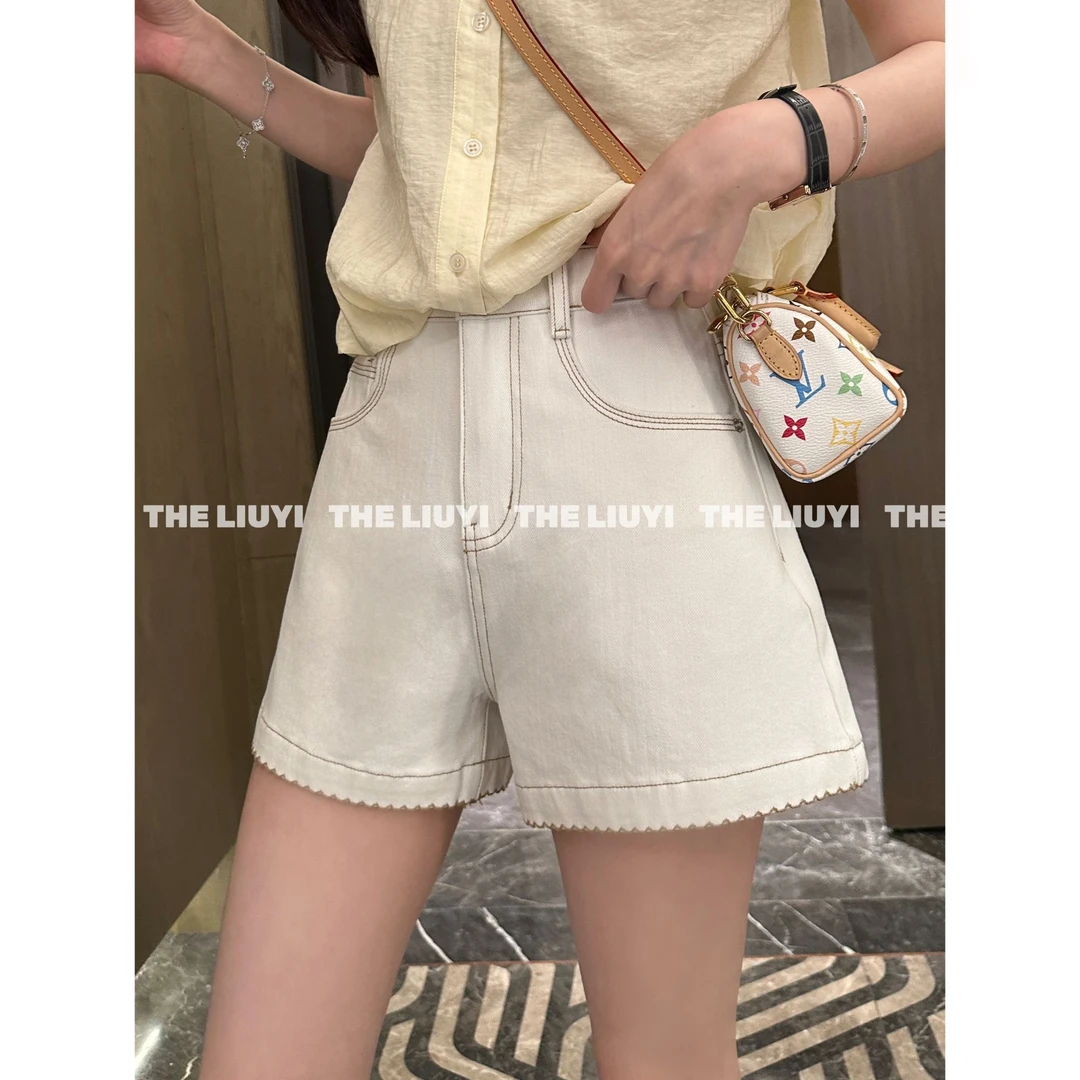 【LIUYI】花边牛仔~夏季刺绣花边四面弹牛仔短裤552811