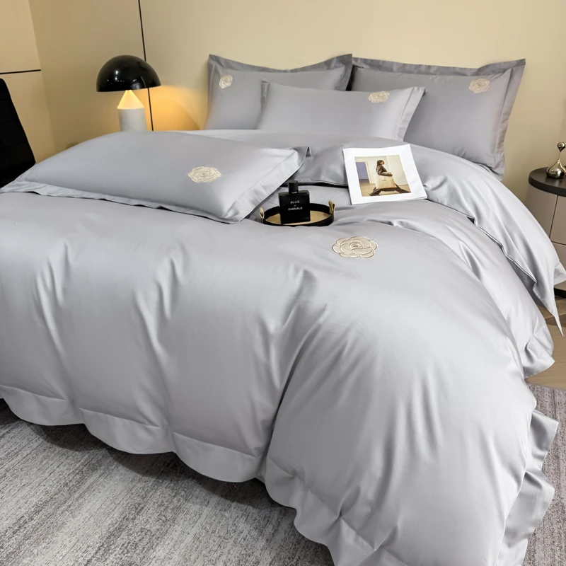 轻奢高档纯色简约刺绣款纯棉全棉四件套小香系列床上用品