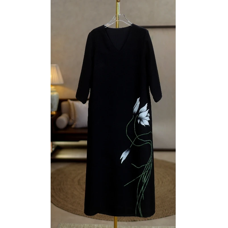 【亏本清货】【100麻】高端手绘双层V领国风连衣裙A3614