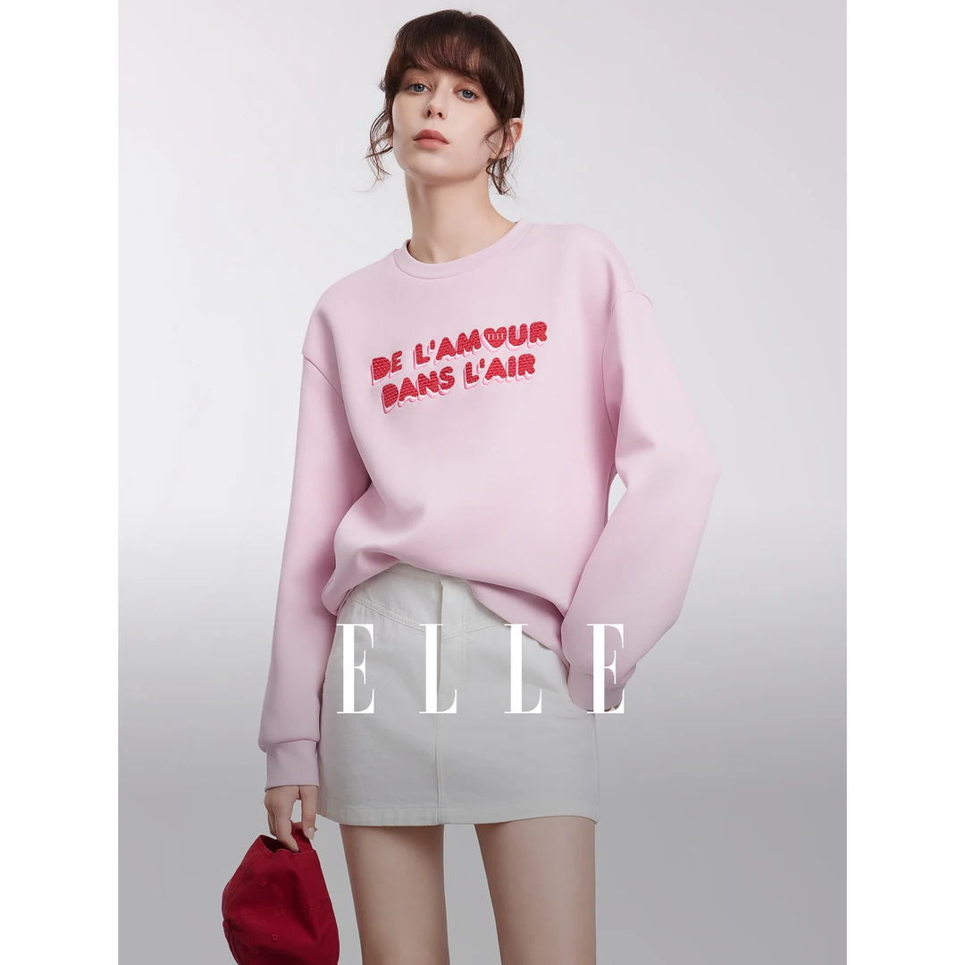 ELLE粉色浪漫刺绣圆领长袖卫衣女2025春季新套头时髦优雅EW50869