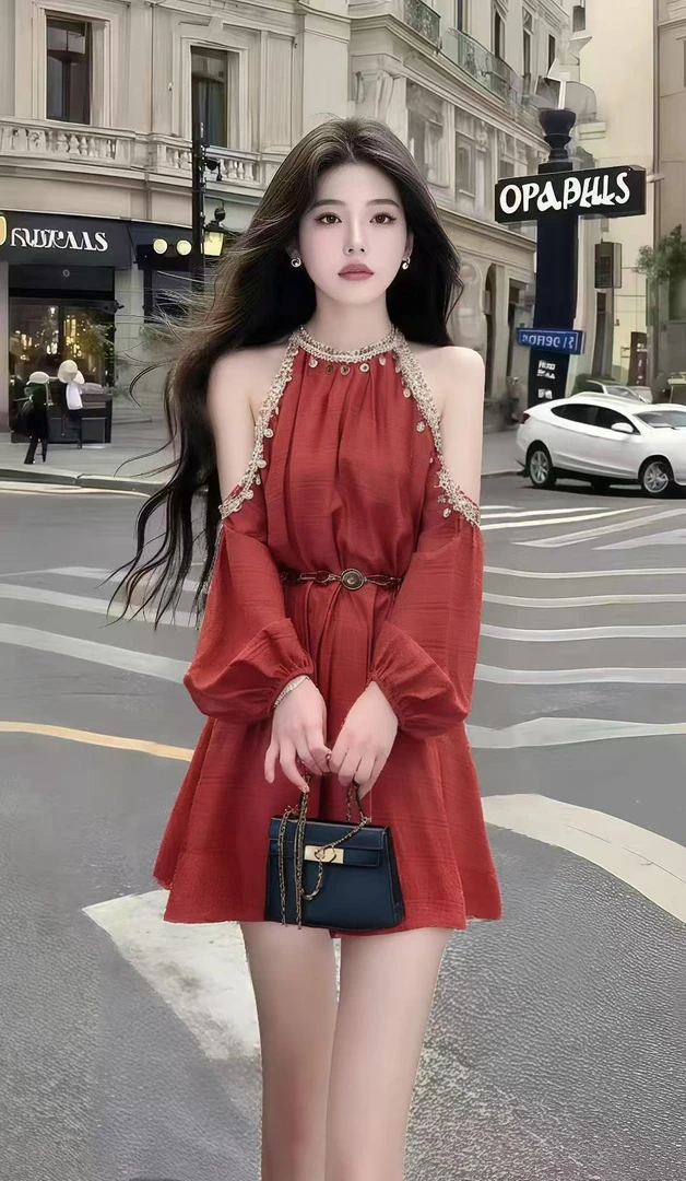 新款时尚休闲通勤风红色圆领露肩长袖高腰系带连衣裙女气质显瘦