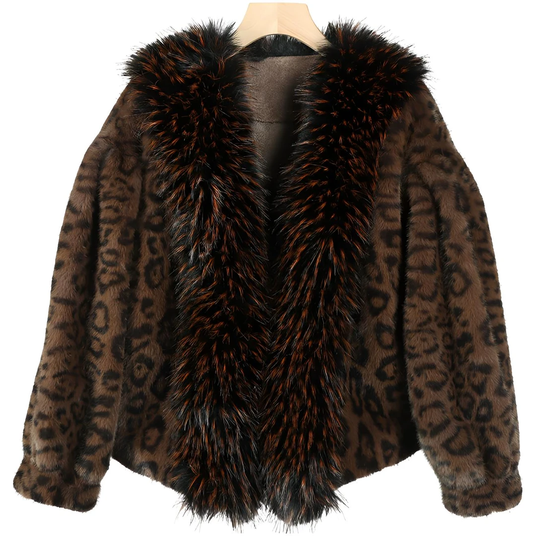 069冬季新款短外套毛领女2025休闲豹纹厚款毛毛修身型时尚外套