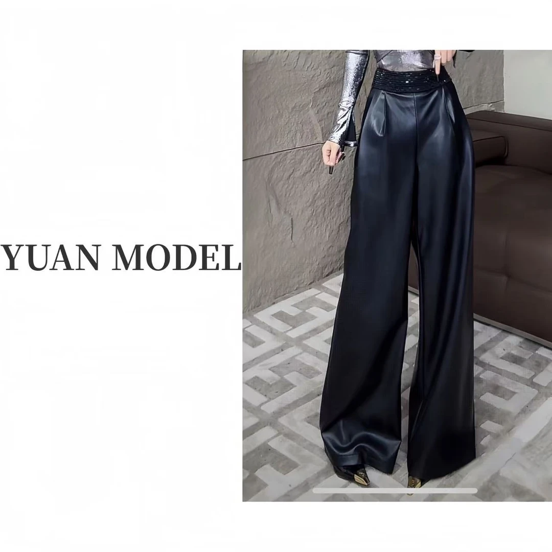 【YUAN MODEL】媛老板-时装阔腿钉钻立体休闲黑色皮裤女长裤080549