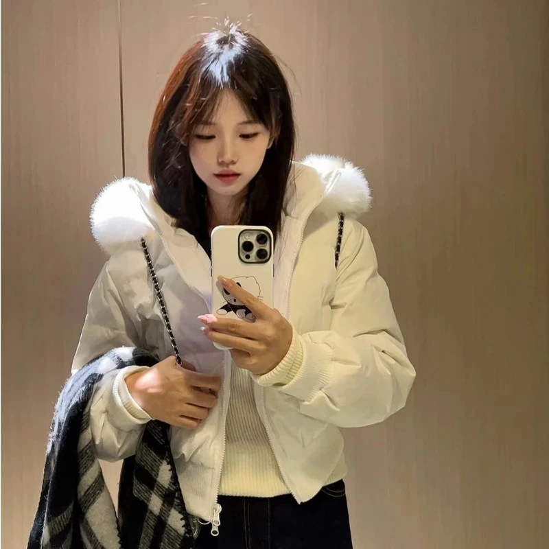 高级感连帽大毛领短款棉服女修身显瘦韩系加厚保暖面包服学生外套