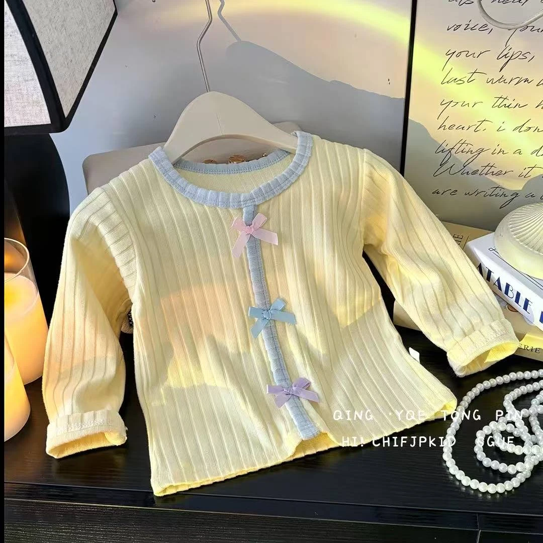 1-199打底衫开衫蝴蝶结默认微瑕破洞抽丝链接儿童开衫春秋女童