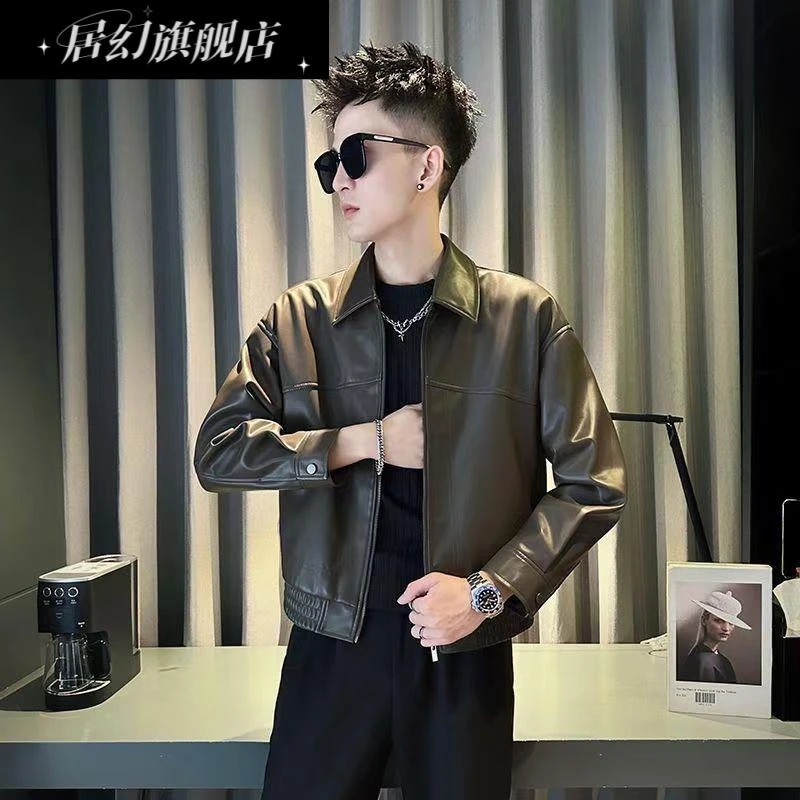 居幻短款皮夹克男士纯色百搭夹克新款春秋季简单帅气摩托车皮夹克