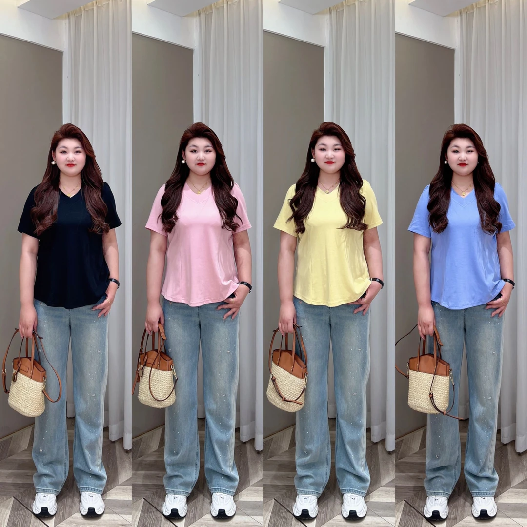 【上新现货】PMM81699 春季新款简约正肩纯色V领鱼骨显瘦休闲T恤