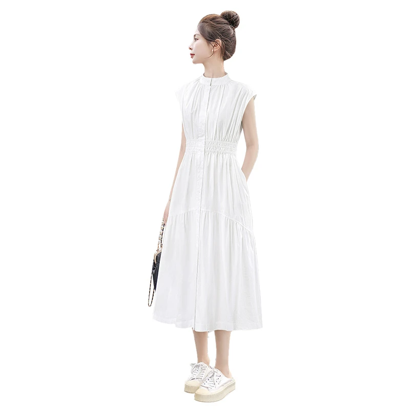 丝柏舍2025夏装新款女装收腰单排扣中长款无袖连衣裙S52R1930L