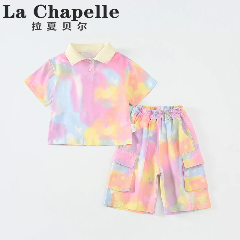 拉夏贝尔儿童夏装套装新款男童polo衫女孩短袖扎染两件套潮BK113