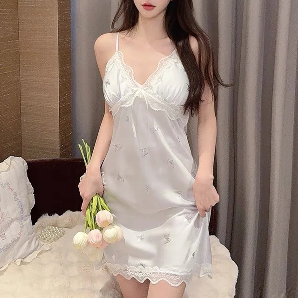 【知潇】带胸垫夏天吊带睡裙烫印蝴蝶女士透气蕾丝睡衣柳叶丝家居服