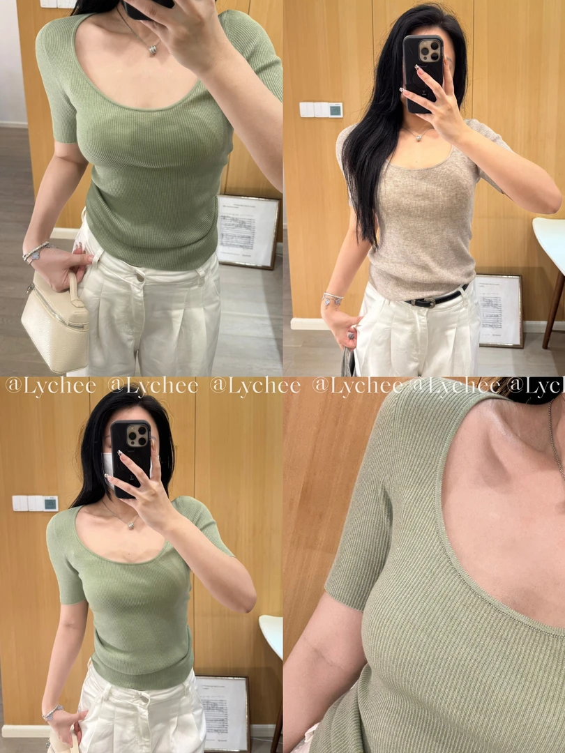 温柔姐姐  30羊毛大U领短袖针织上衣